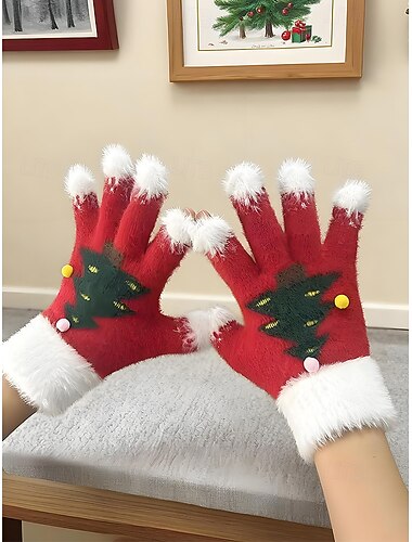  Julestrikkede hansker til dame med lodne mansjetter og juletredesign, varme vintervotter for voksne og barn, søt gave til festfesten