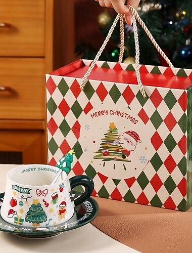  Julegavekrussett, gaveeske med keramisk kaffekopp og tallerken til høytiden, perfekt jule- og nyttårsgave, kontorkrus, praktisk festlig drikkeglass for venner og familie