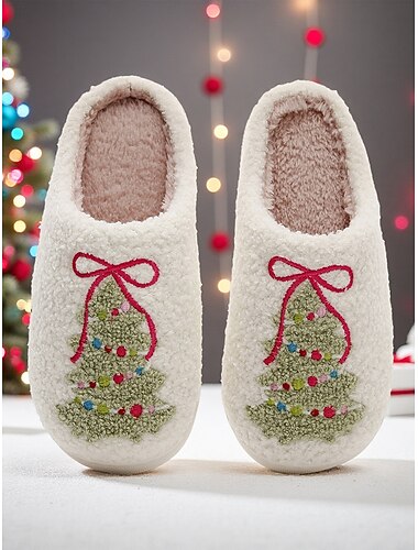  Witte kerstboompantoffels voor dames met zachte voering, comfortabele winterhuisschoenen voor feestdagen &cadeau geven