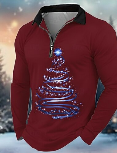  Natale Per uomo Albero di Natale Polo Manica Lunga Collo ripiegato Moderno Tempo libero Sport & Outdoor Casual Quotidiano Festival Cerniera Stampa 3D Primavera Autunno Inverno Nero Rosso Verde