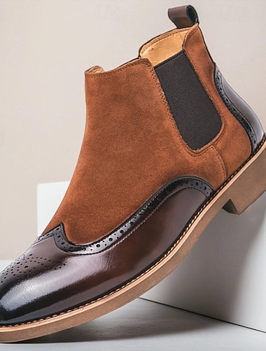  Botas Chelsea masculinas marrons e pretas com detalhes brogue, botas de cano curto slip-on em couro sintético genuíno para negócios, casamentos e uso casual elegante