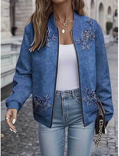  Γυναικεία Casual Jacket Διατηρείτε Ζεστό Γρήγορο Στέγνωμα Φερμουάρ Τσέπη Κομψό Μοντέρνα Καθημερινά Απλός Φλοράλ Διακοπές Causal Καθημερινά Αργίες Κανονικό γιακά μπέιζμπολ Κανονικό Μακρυμάνικο
