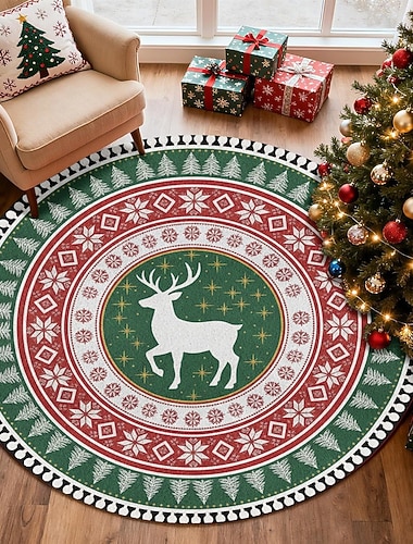  Rentier Weihnachtsrunde Teppich für Wohnzimmer und Schlafzimmer Kunstkaschmir Merry Xmas Teppich mit Schneeflockenmuster weiche rutschfeste maschinenwaschbare Matte festlicher Feiertagsfußmatte 4 Fuß
