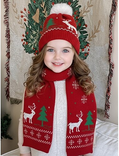  Conjunto de gorro y bufanda navideña para niños, tejido suave con estampados de renos y árboles, accesorios cálidos de invierno para niños y niñas, perfectos para celebraciones navideñas y festivas.