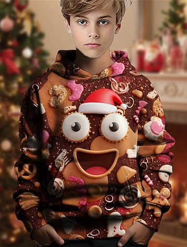  Weihnachten Jungen 3D Grafik Lebkuchenmänner Kapuzensweatshirt Langarm Frühling Herbst Mode Streetwear Kinder 4-12 Jahre Mit Kapuze Outdoor Lässig Täglich Normale Passform