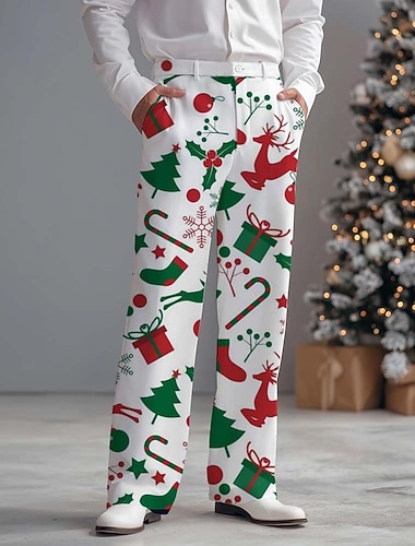 Weihnachten Herren Weihnachtsbaum Schneeflocke Hose Anzughose Mittlere Taille Lässig Outdoor Ferien Relaxed Fit Anzughose mit flacher Vorderseite und Seitentaschen Herbst Winter 3D-Druck Weiß Rosa   Weihnachten Herren Weihnachtsbaum Schneeflocke Hose Anzughose Mittlere Taille Lässig Outdoor Ferien Relaxed Fit Anzughose mit flacher Vorderseite und Seitentaschen Herbst Winter 3D-Druck Weiß Rosa