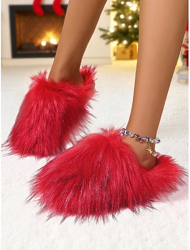 כפכפים אדומים פרוותיים לנשים, כפכפים מפוארים מפרווה, נעליים נוחות להירגעות בבית, לחג המולד ולהרפיה   כפכפים אדומים פרוותיים לנשים, כפכפים מפוארים מפרווה, נעליים נוחות להירגעות בבית, לחג המולד ולהרפיה