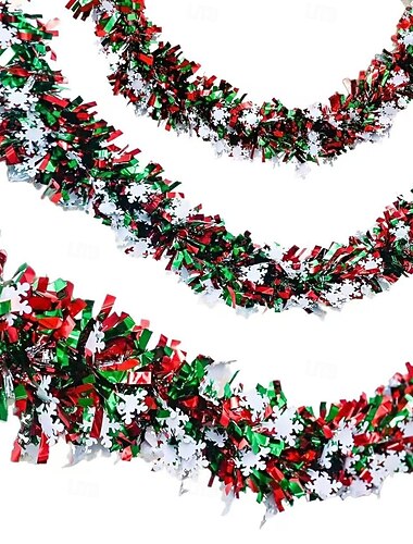  Zestaw 3 metalowych girland świątecznych – łącznie 6 metrów, girlanda ze skręconego drutu w kolorze zielonym i czerwonym z płatkami śniegu, idealna na kominek, choinkę, balustradę schodową, dekorację