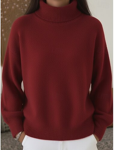  Жен. Вязаная ткань Повседневные Хомут Трикотаж Длинный рукав Обычные топы Вязать Винно-красный Черный Весна Осень