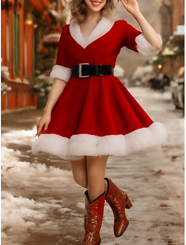  クリスマス女性用ミニドレスAラインドレスカジュアルデイリーレギュラーフィットプレーン3/4長袖Vネック赤緑秋冬