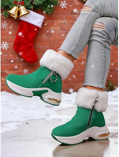 botas de inverno verdes femininas com forro de pelúcia, botas plataforma casuais e confortáveis para festas de fim de ano, reuniões de Natal e uso interno aconchegante   botas de inverno verdes femininas com forro de pelúcia, botas plataforma casuais e confortáveis para festas de fim de ano, reuniões de Natal e uso interno aconchegante