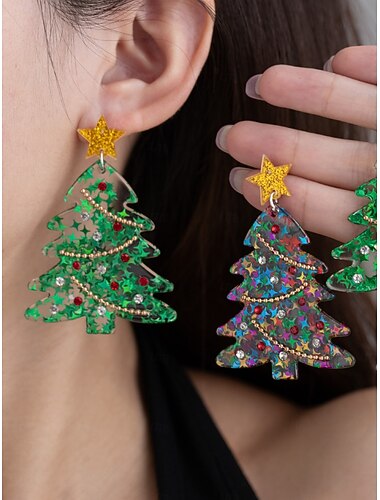  Juletreøredobber til dame, glitrende grønne med stjerne &glitter, festlige julesmykker til julefester