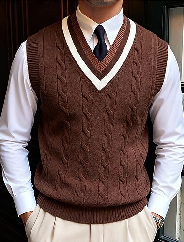  Homme Pull Gilet Pull Pull Tricoté Côtelé Torsadé Tricoter Hauts Réguliers Tricoté Uni Col en V Garder au Chaud Moderne Contemporain Vacances Rue Vêtement Tenue Sans manches Automne Hiver Beige Café