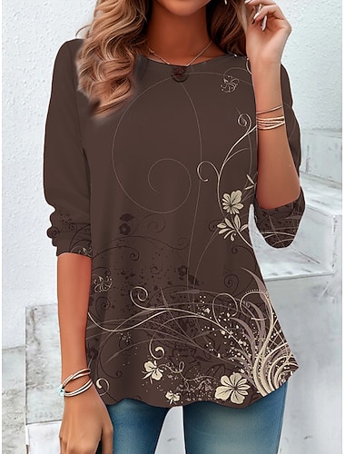  בגדי ריקוד נשים חולצה קצרה Ombre גראפי גיאומטרי וינטאג' אופנתי מסוגנן שרוול ארוך צווארון עגול קצר צווארון עגול חולצות רגילות יומי סוף שבוע דפוס חום סתיו חורף