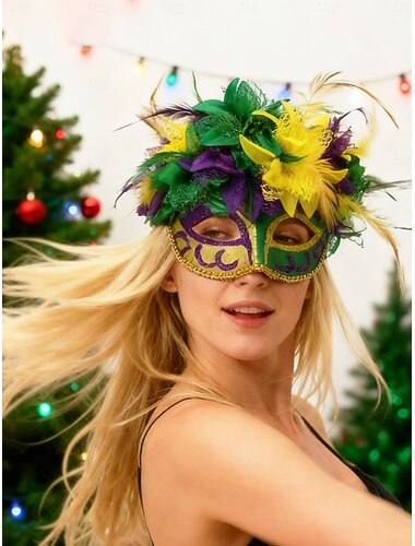  Grüne und violette Federmaske für Damen mit gelben Blumendetails für Weihnachtsfeier, Ball &Karneval