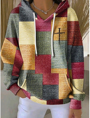  女性用 プルオーバー フーディー スウェットシャツ グラフィック 幾何学模様 あたたか ヴィンテージ カジュアル 長袖 フード付き レギュラートップス ストリート 日常着 カジュアル プリント フロントポケット ピンク パープル オレンジ グリーン 秋 冬