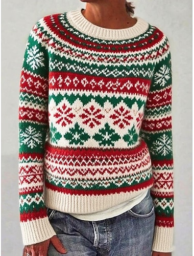  Dámské Vánoční svetr Fair Isle svetr Svetr Rolák Vinobraní Denní Na běžné nošení Květinový Rýhovaný Tričkový Pletený Tisk Dlouhý rukáv Běžné topy Plést Venkovní Víkend Trávová zelená Podzim Zima