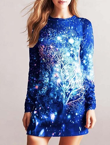  Julekvinners Snøfnugg Mini Kjole Tett Kjole Kroppsnær Kjole Fest Casual Boho Skole Ferie Grafisk Langermet Rundhals Rød Blå Brun Grønn Vår Høst Vinter