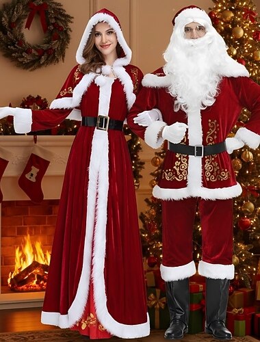 Casais Ternos de Papai Noel Papai Noel Mrs.Claus Fantasia de Natal Fantasias de Cosplay Mulheres Adulto Natal Noite de Natal Festa Véspera de Ano Novo Vestido Cinto Capa