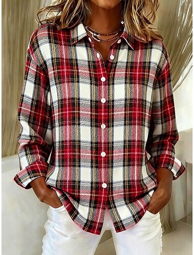  Dame Skjorte Bluse Grafisk Geometrisk Ruter Årgang Tropisk Daglig Langermet Skjortekrage Vanlige topper Daglig Lapper Knapper Trykt mønster Rød Lys Lilla Grønn Kakifarget Vår Høst Vinter