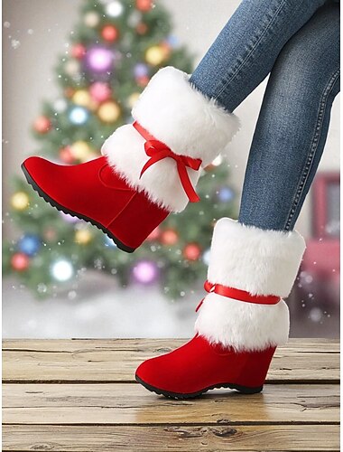  Røde pelsfôrede kilesko med sløyfe til dame – koselige vintersko til høytidsfester, jul, uformelle utflukter og bruk i kaldt vær