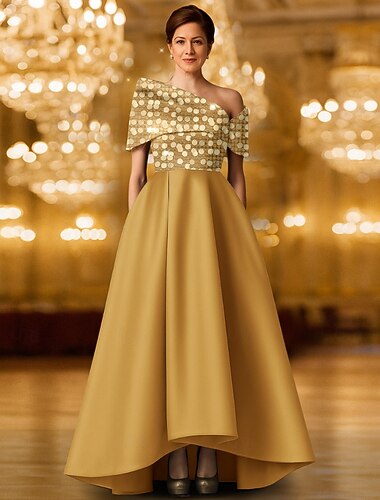  A-Linie Bodenlang Perlenbestickt Abendkleid Kleid der Brautmutter Abendkleid Ballkleid Festliche Kleidung Elegant Glitzernd Schwarzes Kleid Kurzarm Ein-Schulter Hochzeit Formell Capes Satin