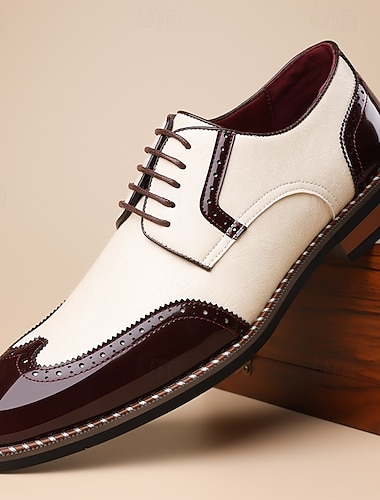  scarpe oxford da uomo in similpelle con punta a coda di rondine, bianche e bordeaux, con dettagli brogue, scarpe formali retrò per matrimoni, riunioni di lavoro e occasioni speciali