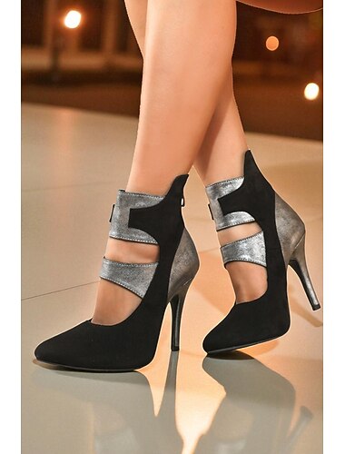  Damskie czarno-srebrne buty do tańca na wysokim obcasie z paskiem wokół kostki - zamszowe i metaliczne szpilki do profesjonalnego tańca towarzyskiego &występy imprezowe