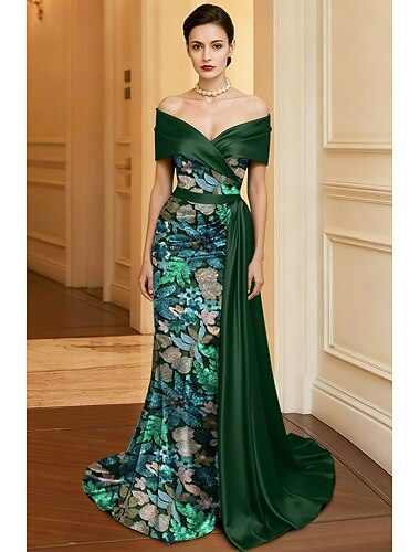  Schlauchkleid Bodenlang Perlenbestickt Abendkleid Kleid der Brautmutter Abendkleid Ballkleid mit Überrock Festliche Kleidung Elegant Vintage Glitzernd Kurzarm Schulterfrei Hochzeit Formell Satin