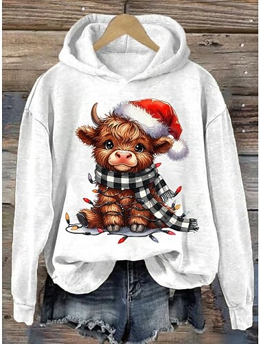  Mujer Sudadera con capucha Pullover Graphic Animal Vaca Casual Manga Larga Con Capucha Tops regulares Ropa de fiesta de noche Calle Uso Diario Negro Blanco Rojo Verde Trébol Primavera Otoño Invierno