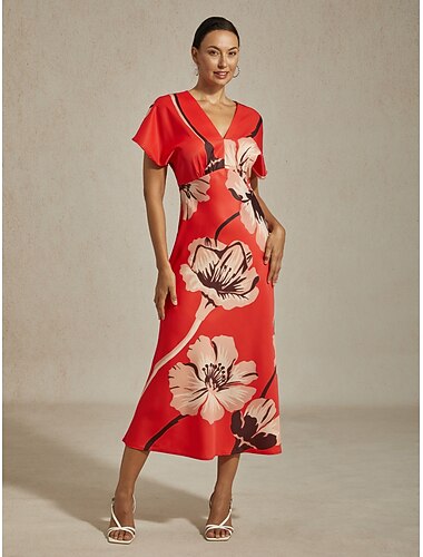  dame maxikjole sateng stort blomstertrykk v-hals rynket midje havfruekant elegant destinasjonsbryllupsgjest ferie vår sommer høst