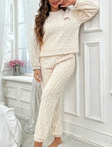  Γυναικεία Πυτζάμες Σαλόνια Σετ Πυτζάμες Φανέλα Ζεστό Μοντέρνα Μονόχρωμες Ελαστική μέση Παντελόνι Σπίτι Καθημερινά Κρεβάτι Μακρυμάνικο Στρογγυλή Ψηλή Λαιμόκοψη Μπεζ Φθινόπωρο Χειμώνας Κανονικό