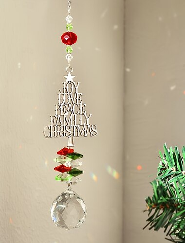  Kristall-Sonnenfänger-Christbaumschmuck - Aufschrift "Joy Humble Family Christmas", festliches Rot &grüne Perlen, ideal für Zuhause &Gartenfensterdeko, perfektes Weihnachtsgeschenk, Weihnachtsdeko für