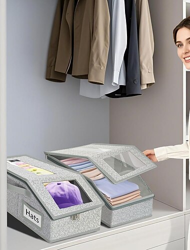  Hattujen säilytyslaatikko kannella ja kirkkaalla ikkunalla, pinottava taittuva järjestäjälaatikko vetoketjulla, pölytiivis monitoiminen hattujen säilytyslaatikko vaatekaappiin ja kotiin