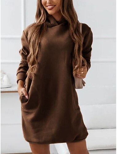  בגדי ריקוד נשים שמלת מיני שמלת שיפט יום יומי יומי רגיל אחיד שרוול ארוך עם קפוצ'ון פול חום תלתן אביב סתיו