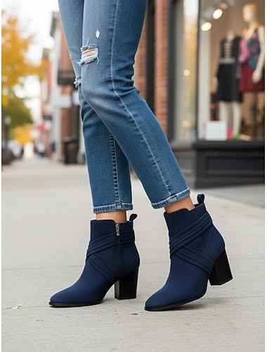 Botas femininas de camurça azul – botinhas curtas estilosas com salto bloco e zíper lateral para looks casuais de outono e inverno   Botas femininas de camurça azul – botinhas curtas estilosas com salto bloco e zíper lateral para looks casuais de outono e inverno