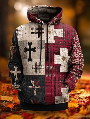  Homens American US Flag Cruz Moletom Moda Xadrez Casual Manga Longa Gola Redonda Com Capuz Ao ar livre Escritório Streetwear Vermelho Azul Marron Com Cordão Arte Gráfica Outono Inverno Designer S M L