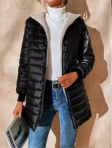  Damen Wintermantel Daunenjacke Kapuzenjacke Warm Bequem Reißverschluss Tasche Lässig Einfach Outdoor Urlaub Ferien Ausgehen Lang Mit Kapuze Lässiger Schnitt Langarm Oberbekleidung Marineblau Schwarz
