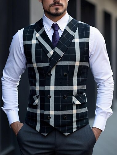  男性用 ベスト チョッキ カクテルの服装 フォーマル 結婚式 バケーション ビジネス ファッション クラシック 春 秋 ポケット ボタン ポリエステル 快適 チェック シングルブレスト Ｖネック レギュラー ブラック ブラウン カーキ色 グレー ベスト