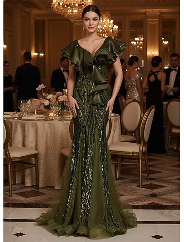  Meerjungfrauenschnitt Bodenlang Perlenbestickt Abendkleid Kleid der Brautmutter Abiballkleider Abendkleid Quinceanera-Kleider Ballkleid Elegant Ärmellos V Ausschnitt Abschlussball Abendgesellschaft