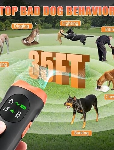  Odstraszacz psów 4 w 1 z panelem wyświetlacza, urządzenie antyszczekowe z akumulatorem typu C o pojemności 2500 mAh, ultradźwiękowe urządzenie szkoleniowe dla psów, efektywny zasięg do 35 stóp