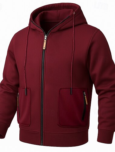  Homens Moletom Full Zip Hoodie Moletom de lã Moletom com capuz forrado de lã Preto Vinho Com Capuz Tecido Desportos e Ar livre Casual Diário Roupa de rua Legal Roupa de Esporte Outono Inverno Roupa