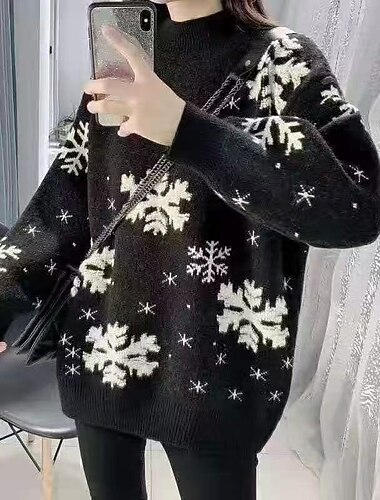  בגדי ריקוד נשים סוודר אופנתי סגנון רחוב יום יומי פתיתי שלג עומד טלאים סרוג שרוול ארוך חולצות רגילות לִסְרוֹג יומי חגים ליציאה שחור אודם סתיו חורף