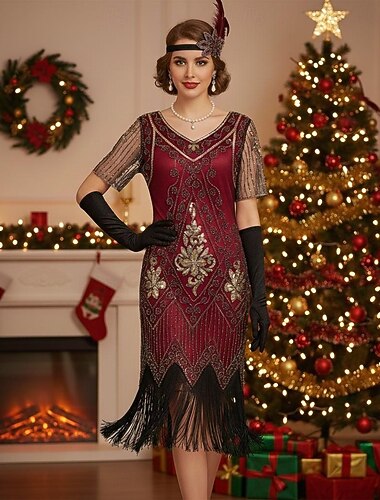  Set The Great Gatsby Flapper Girl Flapper jurk Kerst jurk Cocktailjurk met accessoires Dames Roaring jaren '20 Jaren 1920 Kwastjesfranje Pailletten Patroon Feestkleding Volwassenen Kerstmis Nieuwjaar