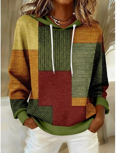  Dame Pullover Hettegensere Geometrisk Ruter Abstrakt Årgang Mote Gatemote Langermet Med hette Vanlige topper Hverdag Avslappet Snorer Lapper Trykt mønster Blå Brun Grønn Kakifarget Vår Høst
