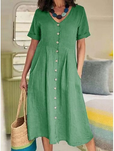  Women's Midi Dress Cotton Linen Dresses Casual Dress Basic Casual Vacation Daily Regular Fit Plain Long Sleeve V Neck Sky Blue Purple Green Summer