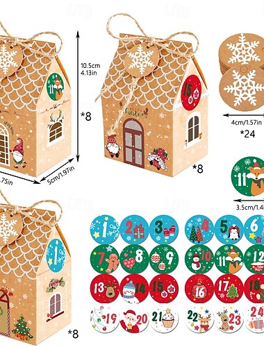  24 stk. julegaveesker med pepperkakehus og godteri, mini-julefestgaveeske, liten pappgavebeholder til jul, høytidsfest, godbit, kjeks, snacks, emballasje