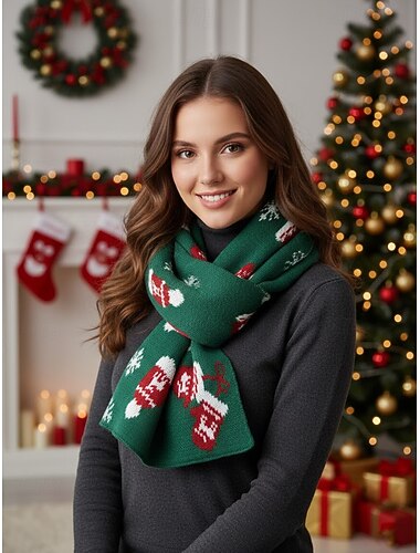sciarpa natalizia da donna con motivo lavorato a maglia con renne e alberi, regalo per le vacanze invernali, comodo accessorio verde   sciarpa natalizia da donna con motivo lavorato a maglia con renne e alberi, regalo per le vacanze invernali, comodo accessorio verde