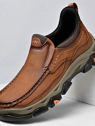  mocassins masculinos de couro sintético marrom com sola antiderrapante resistente, calçados confortáveis para caminhadas ao ar livre, para uso casual e em viagens