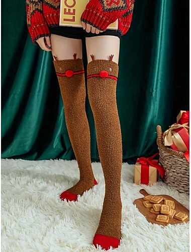  Γυναικείες χριστουγεννιάτικες χνουδωτές κάλτσες πάνω από το γόνατο, ζεστές αφράτες ζεστές κάλτσες μέχρι τον μηρό με σχέδιο Άγιου Βασίλη για χειμερινό σαλόνι &δώρα διακοπών